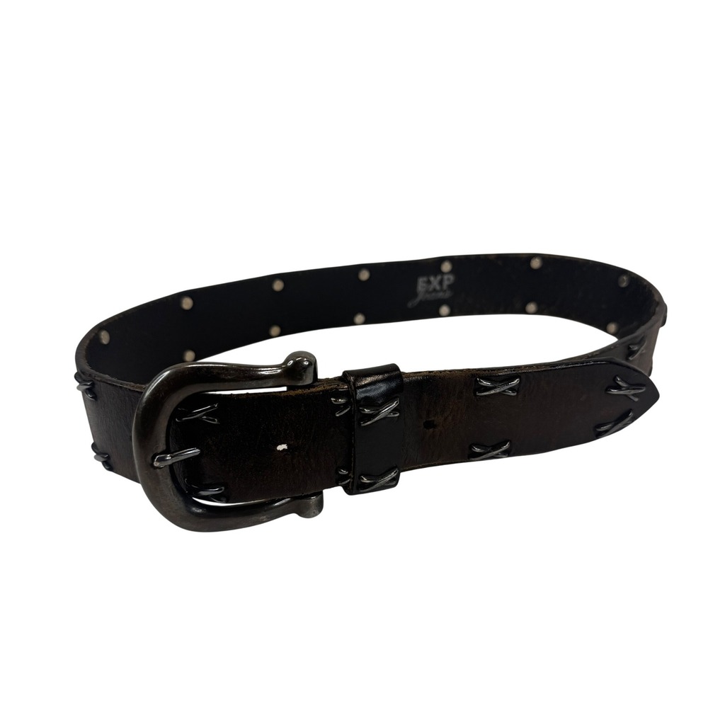 EXP Jeans Leather Belt Studded Whipstitch Brown Y2K Western‎ Grunge Small USA